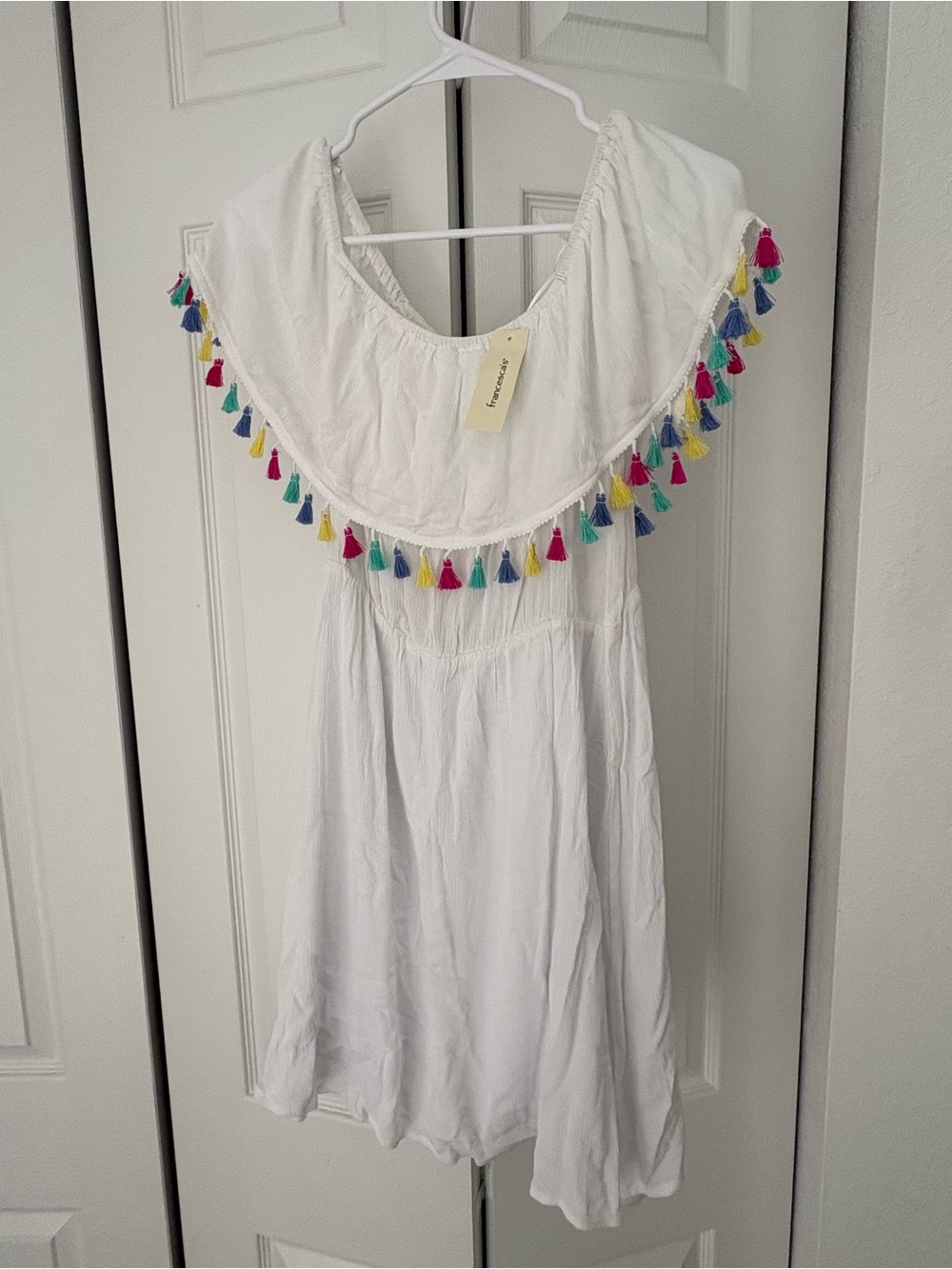 Francesca's Collections White Off-Shoulder Dress with Multicolor Tassels